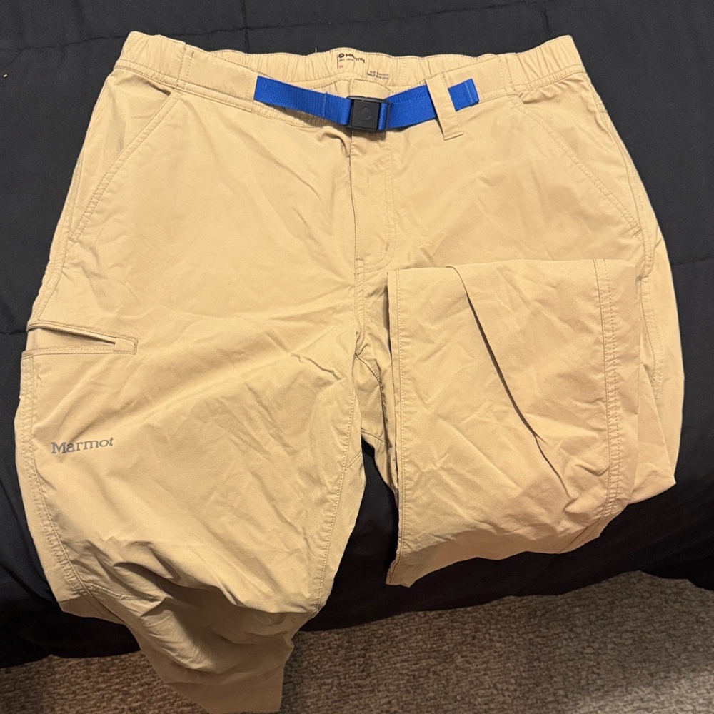Marmot Tan Outdoor Pants with Blue Webbing Belt